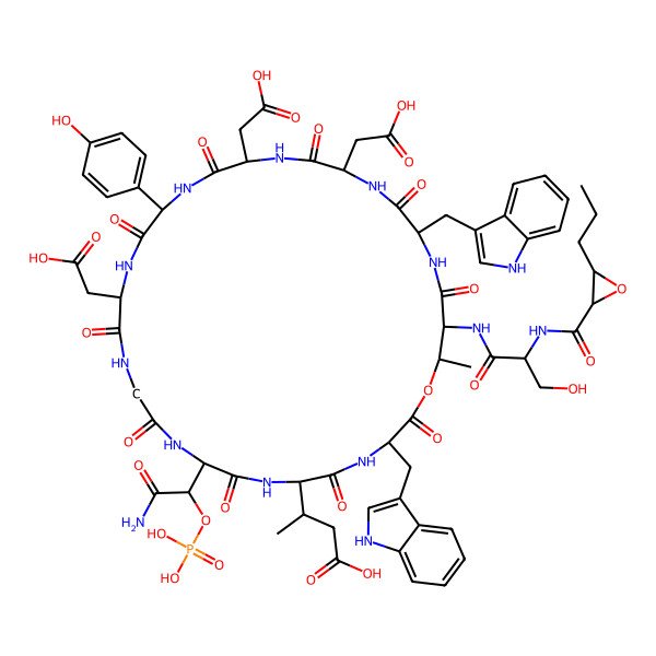 2D Structure of 3-[9-(2-amino-2-oxo-1-phosphonooxyethyl)-15,21,24-tris(carboxymethyl)-18-(4-hydroxyphenyl)-30-[[3-hydroxy-2-[(3-propyloxirane-2-carbonyl)amino]propanoyl]amino]-3,27-bis(1H-indol-3-ylmethyl)-31-methyl-2,5,8,11,14,17,20,23,26,29-decaoxo-1-oxa-4,7,10,13,16,19,22,25,28-nonazacyclohentriacont-6-yl]butanoic acid