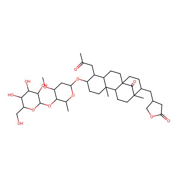 2D Structure of 4-[[(1R,4S,5R,6S,9S,10S,13R,14R)-6-[(2S,4R,5R,6R)-4-methoxy-6-methyl-5-[(2S,3R,4S,5S,6R)-3,4,5-trihydroxy-6-(hydroxymethyl)oxan-2-yl]oxyoxan-2-yl]oxy-9,13-dimethyl-17-oxo-5-(2-oxopropyl)-14-tetracyclo[11.3.1.01,10.04,9]heptadecanyl]methyl]oxolan-2-one