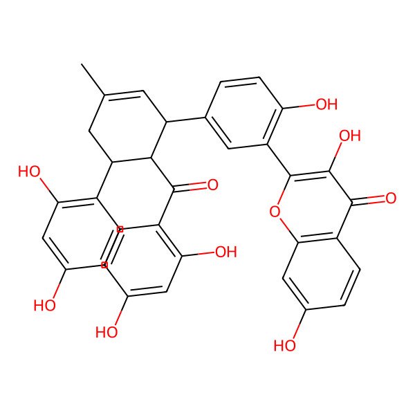 2D Structure of 2-[5-[(1R,5S,6R)-6-(2,4-dihydroxybenzoyl)-5-(2,4-dihydroxyphenyl)-3-methylcyclohex-2-en-1-yl]-2-hydroxyphenyl]-3,7-dihydroxychromen-4-one