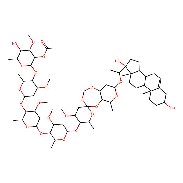 2D Structure of [(2S,3R,4S,5S,6R)-2-[(2R,3R,4S,6S)-6-[(2R,3R,4S,6S)-6-[(2R,3R,4S,6S)-6-[(2'R,3'R,4S,4'R,5aR,6R,8S,9aR)-8-[(1S)-1-[(3S,8R,9S,10R,13S,14S,17R)-3,17-dihydroxy-10,13-dimethyl-1,2,3,4,7,8,9,11,12,14,15,16-dodecahydrocyclopenta[a]phenanthren-17-yl]ethoxy]-4'-methoxy-2',6-dimethylspiro[6,8,9,9a-tetrahydro-5aH-pyrano[3,4-f][1,3,5]trioxepine-4,6'-oxane]-3'-yl]oxy-4-methoxy-2-methyloxan-3-yl]oxy-4-methoxy-2-methyloxan-3-yl]oxy-4-methoxy-2-methyloxan-3-yl]oxy-5-hydroxy-4-methoxy-6-methyloxan-3-yl] acetate