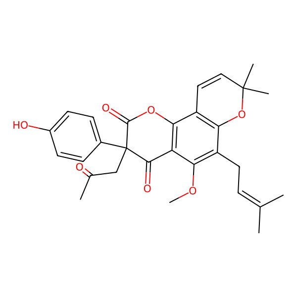 2D Structure of (3S)-3-(4-hydroxyphenyl)-5-methoxy-8,8-dimethyl-6-(3-methylbut-2-enyl)-3-(2-oxopropyl)pyrano[2,3-h]chromene-2,4-dione