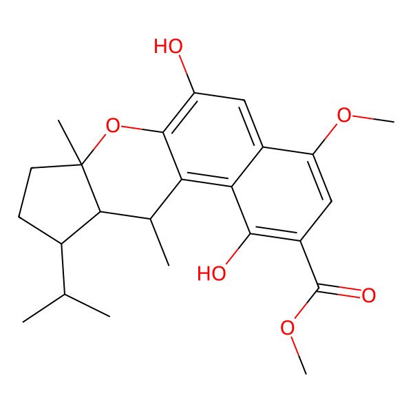 2D Structure of Methyl 1,6-dihydroxy-10-isopropyl-4-methoxy-7a,11-dimethyl-7a,8,9,10,10a,11-hexahydrobenzo[f]cyclopenta[b]chromene-2-carboxylate