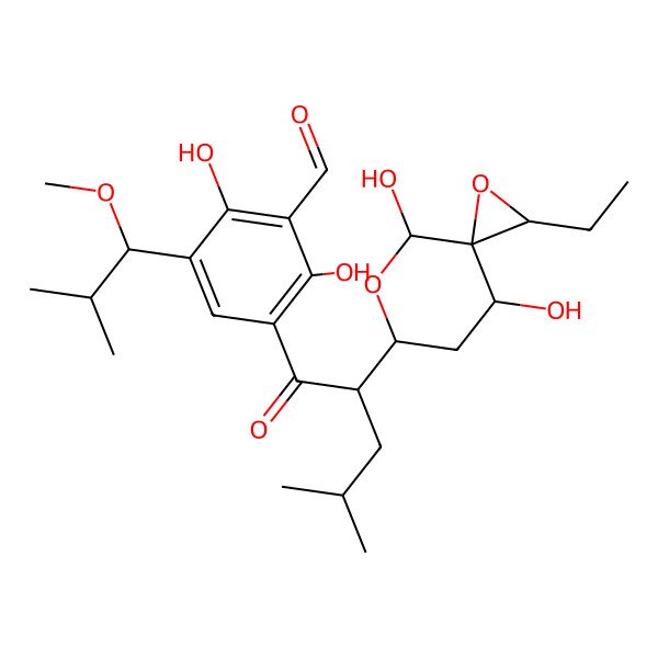 2D Structure of 3-[(2R)-2-[(2S,3S,4R,6R,8R)-2-ethyl-4,8-dihydroxy-1,7-dioxaspiro[2.5]octan-6-yl]-4-methylpentanoyl]-2,6-dihydroxy-5-[(1S)-1-methoxy-2-methylpropyl]benzaldehyde