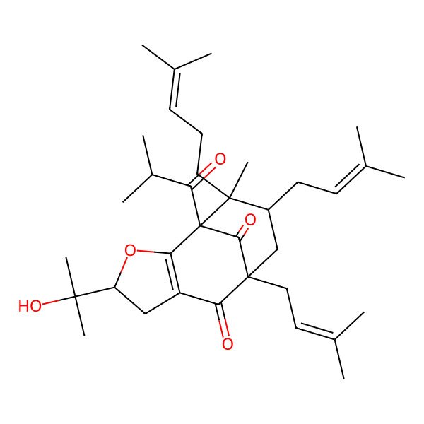 2D Structure of 4-(2-Hydroxypropan-2-yl)-11-methyl-8,10-bis(3-methylbut-2-enyl)-11-(4-methylpent-3-enyl)-1-(2-methylpropanoyl)-3-oxatricyclo[6.3.1.02,6]dodec-2(6)-ene-7,12-dione