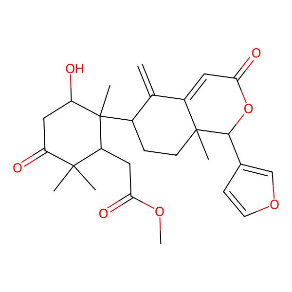 2D Structure of Methyl 2-[2-[1-(furan-3-yl)-8a-methyl-5-methylidene-3-oxo-1,6,7,8-tetrahydroisochromen-6-yl]-3-hydroxy-2,6,6-trimethyl-5-oxocyclohexyl]acetate