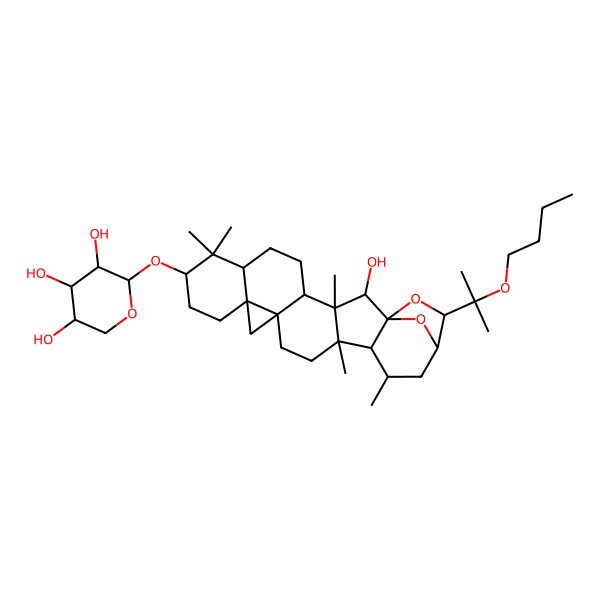2D Structure of (2S,3R,4S,5R)-2-[[(1S,2R,3S,4R,7R,9S,12R,14S,17R,18R,19R,21R,22S)-22-(2-butoxypropan-2-yl)-2-hydroxy-3,8,8,17,19-pentamethyl-23,24-dioxaheptacyclo[19.2.1.01,18.03,17.04,14.07,12.012,14]tetracosan-9-yl]oxy]oxane-3,4,5-triol