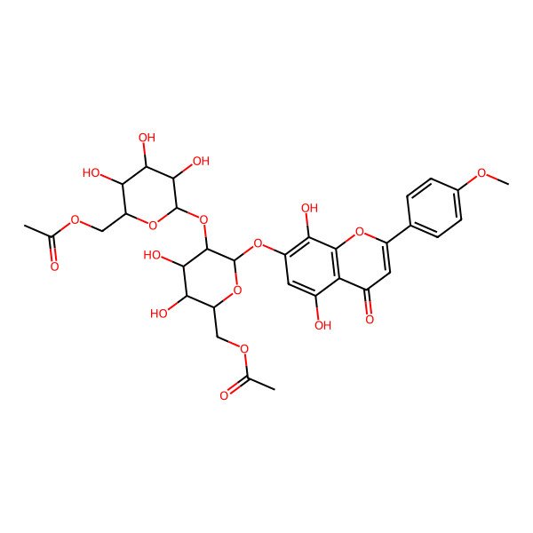 2D Structure of [(2R,3S,4R,5R,6S)-6-[(2S,3R,4S,5S,6R)-6-(acetyloxymethyl)-2-[5,8-dihydroxy-2-(4-methoxyphenyl)-4-oxochromen-7-yl]oxy-4,5-dihydroxyoxan-3-yl]oxy-3,4,5-trihydroxyoxan-2-yl]methyl acetate