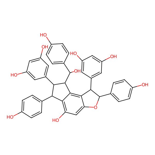 2D Structure of 5-[(1S,2S,6R,7S,8R)-1-(3,5-dihydroxyphenyl)-5-hydroxy-8-[(R)-hydroxy-(4-hydroxyphenyl)methyl]-2,6-bis(4-hydroxyphenyl)-2,6,7,8-tetrahydro-1H-cyclopenta[e][1]benzofuran-7-yl]benzene-1,3-diol