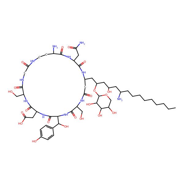 2D Structure of 2-[25-Amino-19-[6-amino-4-hydroxy-2-(3,4,5-trihydroxyoxan-2-yl)oxypentadecyl]-22-(2-amino-2-oxoethyl)-12-[hydroxy-(4-hydroxyphenyl)methyl]-6,15-bis(hydroxymethyl)-2,5,8,11,14,17,21,24-octaoxo-1,4,7,10,13,16,20,23-octazacycloheptacos-9-yl]acetic acid