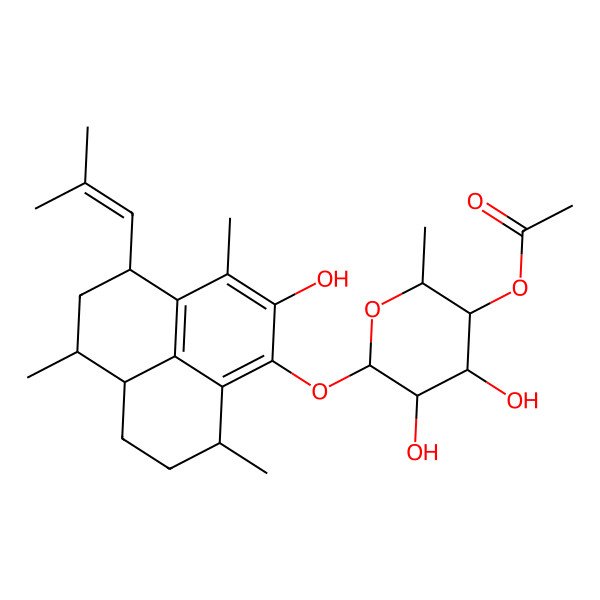 2D Structure of [(2S,3S,4S,5S,6S)-6-[[(4R,6S,6aR,9R)-2-hydroxy-3,6,9-trimethyl-4-(2-methylprop-1-enyl)-5,6,6a,7,8,9-hexahydro-4H-phenalen-1-yl]oxy]-4,5-dihydroxy-2-methyloxan-3-yl] acetate