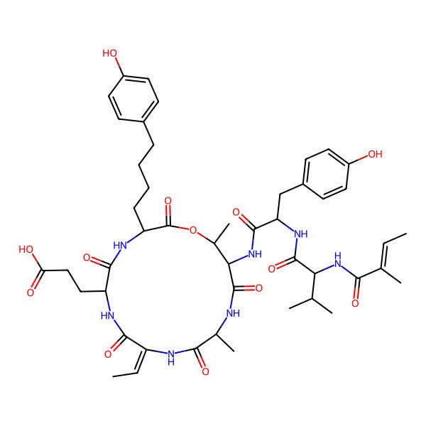 2D Structure of 3-[(3S,6R,9Z,12S,15S,16R)-9-ethylidene-3-[4-(4-hydroxyphenyl)butyl]-15-[[(2R)-3-(4-hydroxyphenyl)-2-[[(2S)-3-methyl-2-[[(E)-2-methylbut-2-enoyl]amino]butanoyl]amino]propanoyl]amino]-12,16-dimethyl-2,5,8,11,14-pentaoxo-1-oxa-4,7,10,13-tetrazacyclohexadec-6-yl]propanoic acid