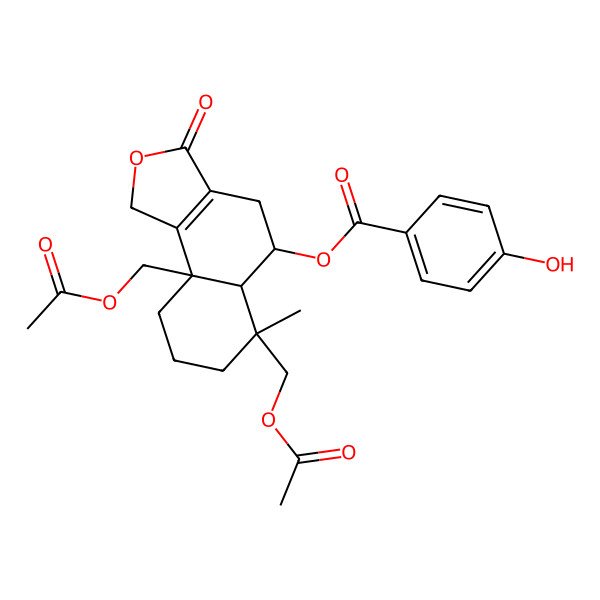 2D Structure of [6,9a-bis(acetyloxymethyl)-6-methyl-3-oxo-4,5,5a,7,8,9-hexahydro-1H-benzo[e][2]benzofuran-5-yl] 4-hydroxybenzoate