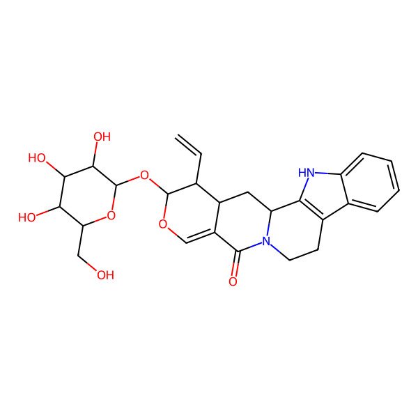2D Structure of (1S,20S)-19-ethenyl-18-[(2S)-3,4,5-trihydroxy-6-(hydroxymethyl)oxan-2-yl]oxy-17-oxa-3,13-diazapentacyclo[11.8.0.02,10.04,9.015,20]henicosa-2(10),4,6,8,15-pentaen-14-one