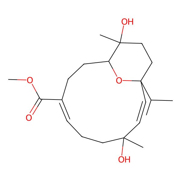 2D Structure of methyl (1S,8S,11R,14S)-8,14-dihydroxy-8,14-dimethyl-11-propan-2-yl-15-oxabicyclo[9.3.1]pentadeca-4,9-diene-4-carboxylate