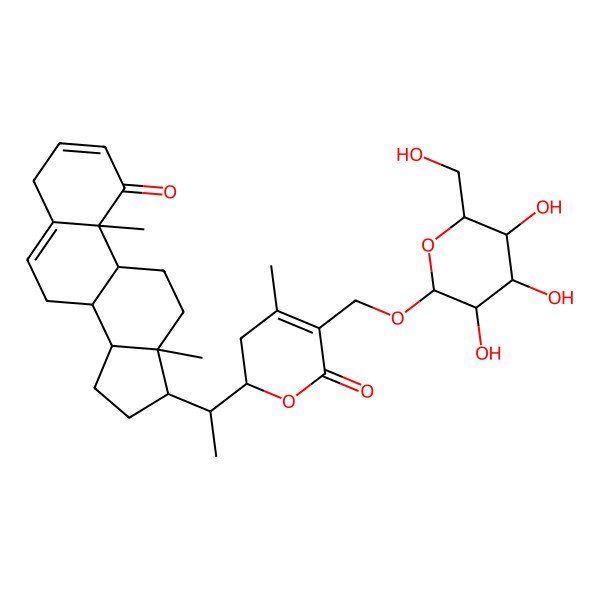 2D Structure of (2R)-2-[(1S)-1-[(8S,9S,10R,13S,14S,17R)-10,13-dimethyl-1-oxo-4,7,8,9,11,12,14,15,16,17-decahydrocyclopenta[a]phenanthren-17-yl]ethyl]-4-methyl-5-[[(2R,3R,4S,5S,6R)-3,4,5-trihydroxy-6-(hydroxymethyl)oxan-2-yl]oxymethyl]-2,3-dihydropyran-6-one