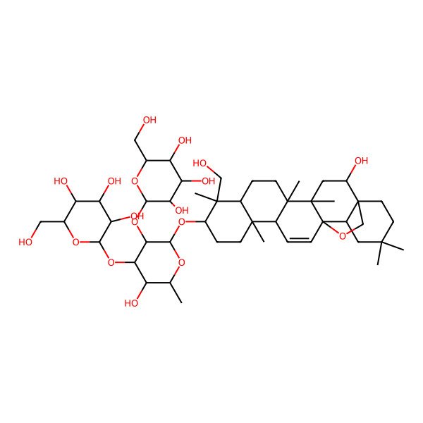 2D Structure of (2S,3R,4S,5R,6R)-2-[(2R,3R,4S,5S,6R)-5-hydroxy-2-[[(1S,2S,4S,5R,8R,9R,10S,13S,14R,18R)-2-hydroxy-9-(hydroxymethyl)-4,5,9,13,20,20-hexamethyl-24-oxahexacyclo[15.5.2.01,18.04,17.05,14.08,13]tetracos-15-en-10-yl]oxy]-6-methyl-3-[(2S,3R,4S,5R,6R)-3,4,5-trihydroxy-6-(hydroxymethyl)oxan-2-yl]oxyoxan-4-yl]oxy-6-(hydroxymethyl)oxane-3,4,5-triol