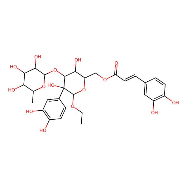 2D Structure of [5-(3,4-Dihydroxyphenyl)-6-ethoxy-3,5-dihydroxy-4-(3,4,5-trihydroxy-6-methyloxan-2-yl)oxyoxan-2-yl]methyl 3-(3,4-dihydroxyphenyl)prop-2-enoate
