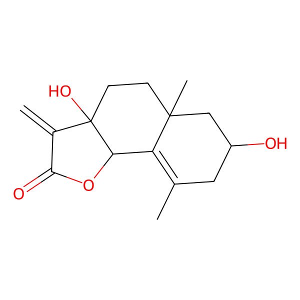 2D Structure of (3aR,5aS,7S,9bS)-3a,7-dihydroxy-5a,9-dimethyl-3-methylidene-4,5,6,7,8,9b-hexahydrobenzo[g][1]benzofuran-2-one