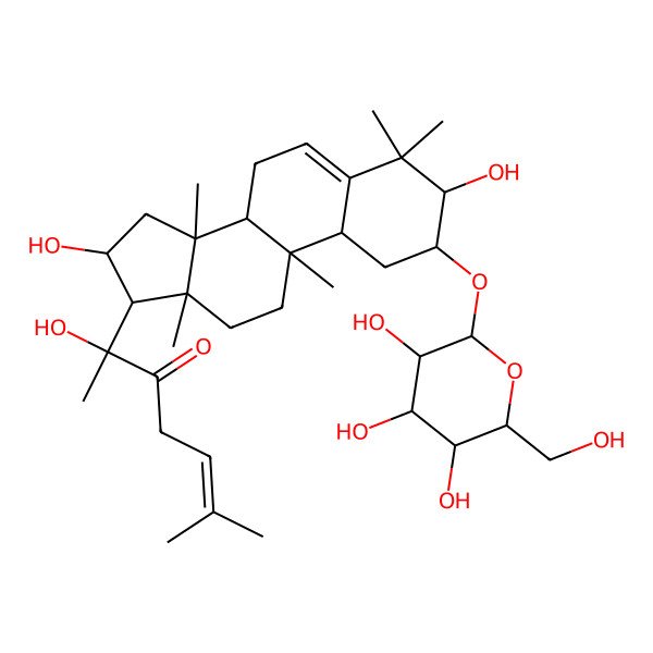 2D Structure of (2R)-2-[(2S,3R,8R,9R,10S,13R,14S,16R,17R)-3,16-dihydroxy-4,4,9,13,14-pentamethyl-2-[(2R,3R,4S,5S,6R)-3,4,5-trihydroxy-6-(hydroxymethyl)oxan-2-yl]oxy-2,3,7,8,10,11,12,15,16,17-decahydro-1H-cyclopenta[a]phenanthren-17-yl]-2-hydroxy-6-methylhept-5-en-3-one