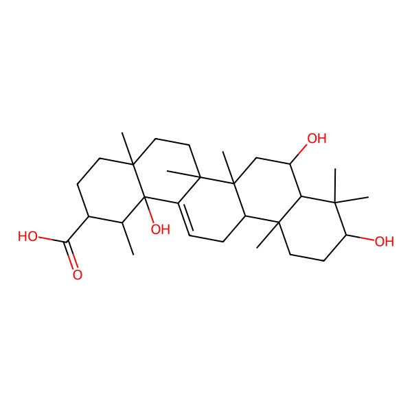 2D Structure of (1S,2R,4aR,6aR,6aS,6bR,8R,8aR,10S,12aR,14bS)-8,10,14b-trihydroxy-1,4a,6a,6b,9,9,12a-heptamethyl-1,2,3,4,5,6,6a,7,8,8a,10,11,12,13-tetradecahydropicene-2-carboxylic acid