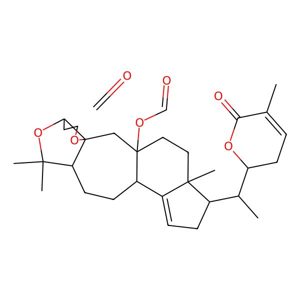 2D Structure of [9,9,18-Trimethyl-17-[1-(5-methyl-6-oxo-2,3-dihydropyran-2-yl)ethyl]-5-oxo-4,8-dioxapentacyclo[11.7.0.03,7.03,10.014,18]icos-14-en-1-yl] formate