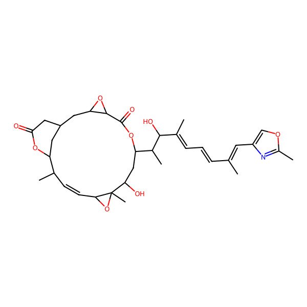 2D Structure of 10-Hydroxy-8-[3-hydroxy-4,8-dimethyl-9-(2-methyl-1,3-oxazol-4-yl)nona-4,6,8-trien-2-yl]-11,16-dimethyl-4,7,12,18-tetraoxatetracyclo[15.3.1.03,5.011,13]henicos-14-ene-6,19-dione
