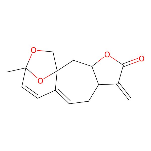 2D Structure of (1R,3R,7R,13S)-13-methyl-6-methylidene-4,14,16-trioxatetracyclo[11.2.1.01,10.03,7]hexadeca-9,11-dien-5-one