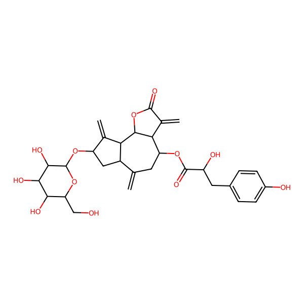 2D Structure of [(3aR,4R,6aR,8S,9aR)-3,6,9-trimethylidene-2-oxo-8-[(2R,3R,4S,5S,6R)-3,4,5-trihydroxy-6-(hydroxymethyl)oxan-2-yl]oxy-3a,4,5,6a,7,8,9a,9b-octahydroazuleno[4,5-b]furan-4-yl] 2-hydroxy-3-(4-hydroxyphenyl)propanoate