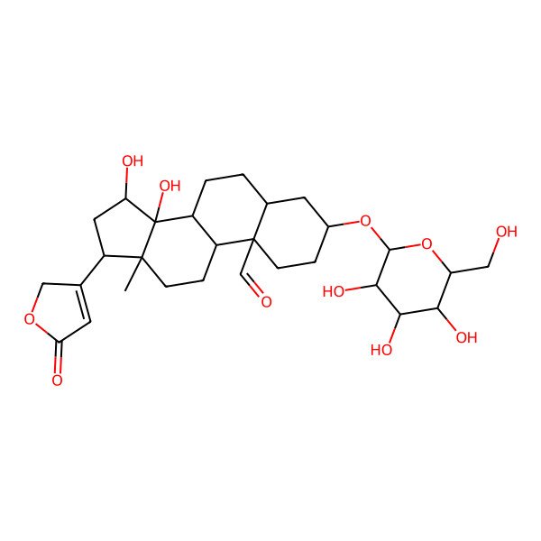2D Structure of (3S,5S,8R,9S,10R,13R,14S,15R,17R)-14,15-dihydroxy-13-methyl-17-(5-oxo-2H-furan-3-yl)-3-[(2R,3R,4S,5S,6R)-3,4,5-trihydroxy-6-(hydroxymethyl)oxan-2-yl]oxy-1,2,3,4,5,6,7,8,9,11,12,15,16,17-tetradecahydrocyclopenta[a]phenanthrene-10-carbaldehyde