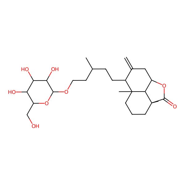 2D Structure of 4,8-Dimethyl-10-methylidene-9-[3-methyl-5-[3,4,5-trihydroxy-6-(hydroxymethyl)oxan-2-yl]oxypentyl]-2-oxatricyclo[6.3.1.04,12]dodecan-3-one