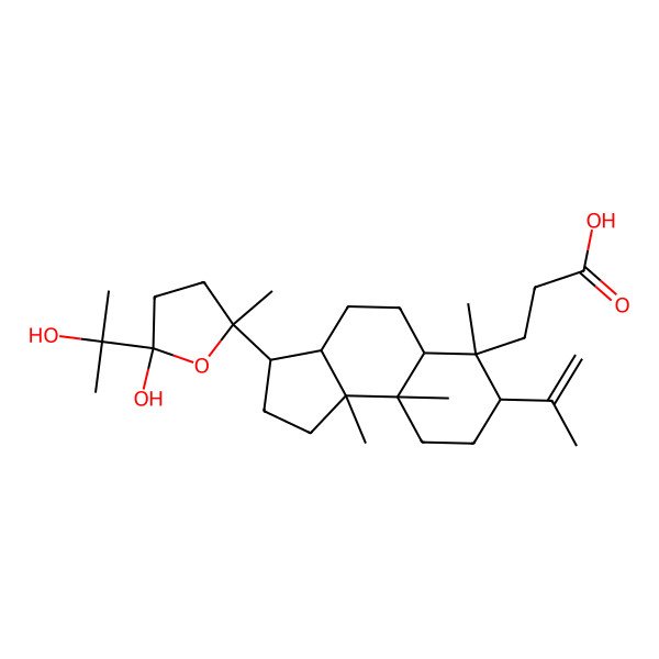2D Structure of 3-[(3S,3aR,5aR,6R,7S,9aR,9bR)-3-[(2S,5S)-5-hydroxy-5-(2-hydroxypropan-2-yl)-2-methyloxolan-2-yl]-6,9a,9b-trimethyl-7-prop-1-en-2-yl-1,2,3,3a,4,5,5a,7,8,9-decahydrocyclopenta[a]naphthalen-6-yl]propanoic acid