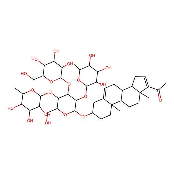 2D Structure of 1-[(3R,8R,9S,10R,13R,14S)-3-[(2S,3S,4R,5S,6S)-6-(hydroxymethyl)-4-[(2R,3S,4R,5R,6S)-3,4,5-trihydroxy-6-(hydroxymethyl)oxan-2-yl]oxy-3,5-bis[[(2R,3S,4R,5R,6S)-3,4,5-trihydroxy-6-methyloxan-2-yl]oxy]oxan-2-yl]oxy-10,13-dimethyl-2,3,4,7,8,9,11,12,14,15-decahydro-1H-cyclopenta[a]phenanthren-17-yl]ethanone