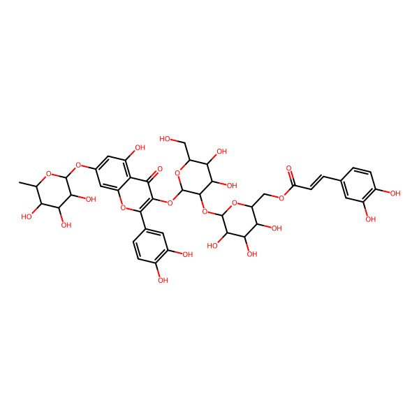 2D Structure of [(2S,3R,4R,5S,6R)-6-[(2R,3S,4R,5R,6S)-2-[2-(3,4-dihydroxyphenyl)-5-hydroxy-4-oxo-7-[(2S,3S,4S,5S,6R)-3,4,5-trihydroxy-6-methyloxan-2-yl]oxychromen-3-yl]oxy-4,5-dihydroxy-6-(hydroxymethyl)oxan-3-yl]oxy-3,4,5-trihydroxyoxan-2-yl]methyl (E)-3-(3,4-dihydroxyphenyl)prop-2-enoate