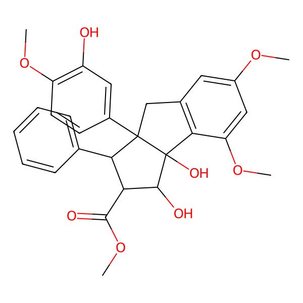 2D Structure of methyl (1R,2R,3S,3aS,8bS)-1,8b-dihydroxy-3a-(3-hydroxy-4-methoxyphenyl)-6,8-dimethoxy-3-phenyl-1,2,3,4-tetrahydrocyclopenta[a]indene-2-carboxylate