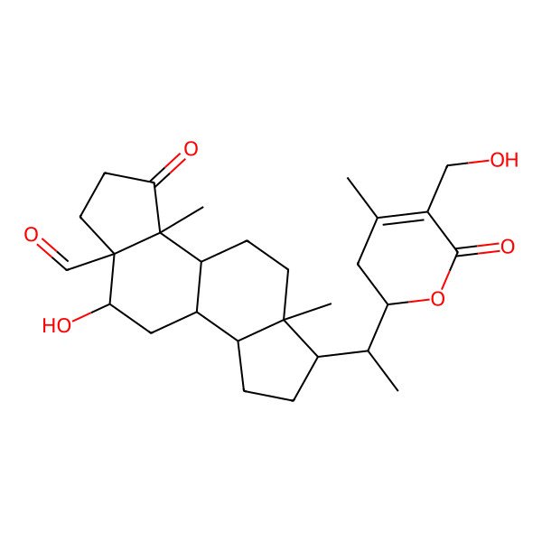 2D Structure of (3aR,3bS,5aS,6R,8aS,8bS,10R,10aS)-10-hydroxy-6-[(1S)-1-[(2R)-5-(hydroxymethyl)-4-methyl-6-oxo-2,3-dihydropyran-2-yl]ethyl]-3a,5a-dimethyl-3-oxo-1,2,3b,4,5,6,7,8,8a,8b,9,10-dodecahydroindeno[6,7-e]indene-10a-carbaldehyde