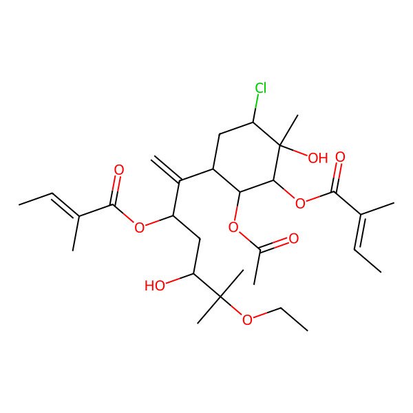 2D Structure of [6-Acetyloxy-3-chloro-5-[6-ethoxy-5-hydroxy-6-methyl-3-(2-methylbut-2-enoyloxy)hept-1-en-2-yl]-2-hydroxy-2-methylcyclohexyl] 2-methylbut-2-enoate