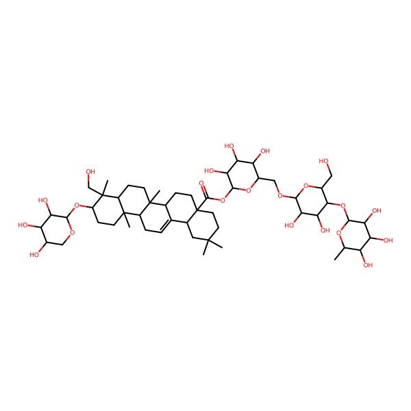 2D Structure of [(2S,3R,4S,5S,6R)-6-[[(2R,3R,4R,5S,6R)-3,4-dihydroxy-6-(hydroxymethyl)-5-[(2S,3R,4R,5R,6S)-3,4,5-trihydroxy-6-methyloxan-2-yl]oxyoxan-2-yl]oxymethyl]-3,4,5-trihydroxyoxan-2-yl] (4aR,6aS,6aS,6bR,8aR,9R,10S,12aR,14bS)-9-(hydroxymethyl)-2,2,6b,9,12a-pentamethyl-10-[(2S,3R,4S,5S)-3,4,5-trihydroxyoxan-2-yl]oxy-3,4,5,6,6a,6a,7,8,8a,10,11,12,13,14b-tetradecahydro-1H-picene-4a-carboxylate