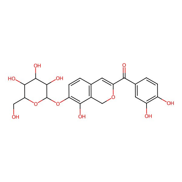 2D Structure of (3,4-dihydroxyphenyl)-[8-hydroxy-7-[(2R,3R,4S,5S,6R)-3,4,5-trihydroxy-6-(hydroxymethyl)oxan-2-yl]oxy-1H-isochromen-3-yl]methanone