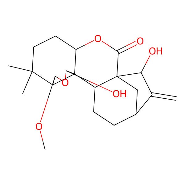 2D Structure of 11,18-Dihydroxy-9-methoxy-7,7-dimethyl-17-methylidene-3,10-dioxapentacyclo[14.2.1.01,13.04,12.08,12]nonadecan-2-one