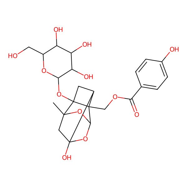 2D Structure of [(1S,2S,3R,5S,6R,8S)-6-hydroxy-8-methyl-3-[(2R)-3,4,5-trihydroxy-6-(hydroxymethyl)oxan-2-yl]oxy-9,10-dioxatetracyclo[4.3.1.02,5.03,8]decan-2-yl]methyl 4-hydroxybenzoate