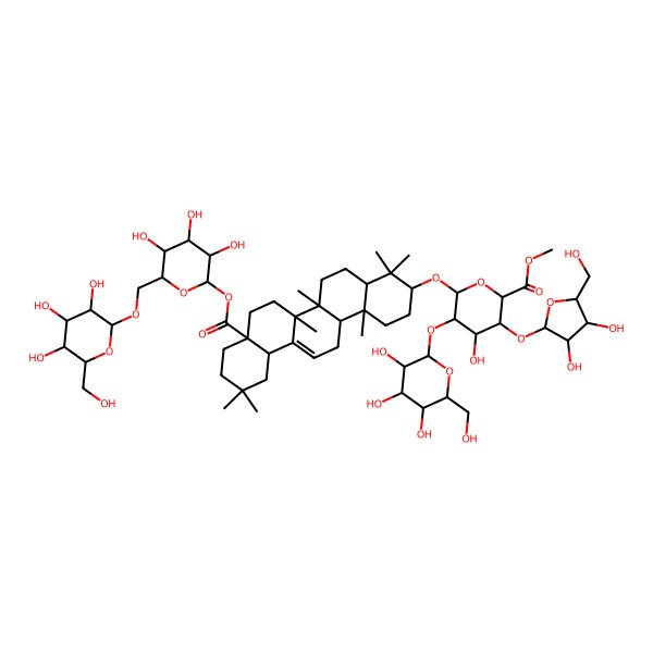 2D Structure of Methyl 6-[[4,4,6a,6b,11,11,14b-heptamethyl-8a-[3,4,5-trihydroxy-6-[[3,4,5-trihydroxy-6-(hydroxymethyl)oxan-2-yl]oxymethyl]oxan-2-yl]oxycarbonyl-1,2,3,4a,5,6,7,8,9,10,12,12a,14,14a-tetradecahydropicen-3-yl]oxy]-3-[3,4-dihydroxy-5-(hydroxymethyl)oxolan-2-yl]oxy-4-hydroxy-5-[3,4,5-trihydroxy-6-(hydroxymethyl)oxan-2-yl]oxyoxane-2-carboxylate