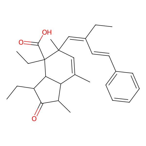 2D Structure of (1S,3S,3aR,4R,5R,7aR)-3,4-diethyl-5-[(1E,3E)-2-ethyl-4-phenylbuta-1,3-dienyl]-1,5,7-trimethyl-2-oxo-1,3,3a,7a-tetrahydroindene-4-carboxylic acid