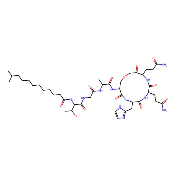 2D Structure of N-[(2S,3R)-1-[[2-[[(2S)-1-[[(3S,6S,9S,12S)-9,12-bis(3-amino-3-oxopropyl)-6-(1H-imidazol-2-ylmethyl)-4,7,10,13-tetraoxo-1-oxa-5,8,11-triazacyclotetradec-3-yl]amino]-1-oxopropan-2-yl]amino]-2-oxoethyl]amino]-3-hydroxy-1-oxobutan-2-yl]-11-methyldodecanamide