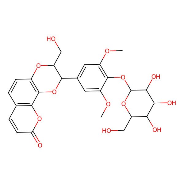 2D Structure of (2S,3S)-2-[3,5-dimethoxy-4-[(2S,3R,4S,5S,6R)-3,4,5-trihydroxy-6-(hydroxymethyl)oxan-2-yl]oxyphenyl]-3-(hydroxymethyl)-2,3-dihydropyrano[3,2-h][1,4]benzodioxin-9-one