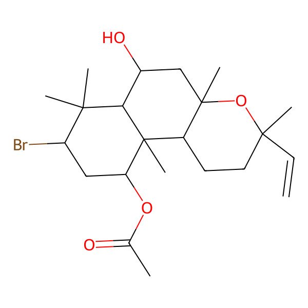 2D Structure of [(3R,4aS,6S,6aS,8R,10S,10aR,10bS)-8-bromo-3-ethenyl-6-hydroxy-3,4a,7,7,10a-pentamethyl-2,5,6,6a,8,9,10,10b-octahydro-1H-benzo[f]chromen-10-yl] acetate