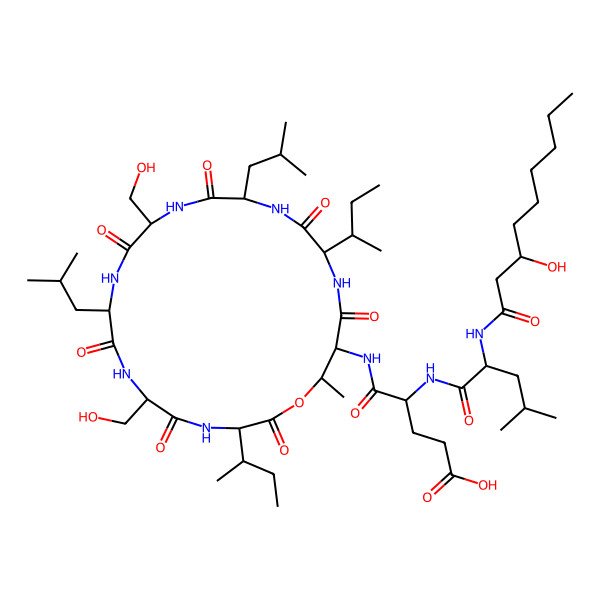 2D Structure of (4R)-5-[[(3S,6R,9S,12R,15S,18R,21S)-6,12-bis(hydroxymethyl)-9,15-diisobutyl-22-methyl-2,5,8,11,14,17,20-heptaoxo-3,18-disec-butyl-1-oxa-4,7,10,13,16,19-hexazacyclodocos-21-yl]amino]-4-[[(2S)-2-(3-hydroxynonanoylamino)-4-methyl-pentanoyl]amino]-5-oxo-pentanoic acid