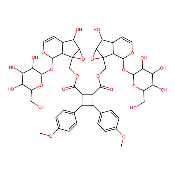 2D Structure of Bis[[5-hydroxy-10-[3,4,5-trihydroxy-6-(hydroxymethyl)oxan-2-yl]oxy-3,9-dioxatricyclo[4.4.0.02,4]dec-7-en-2-yl]methyl] 3,4-bis(4-methoxyphenyl)cyclobutane-1,2-dicarboxylate