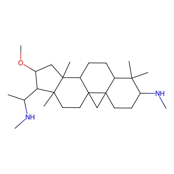 2D Structure of 14-methoxy-N,7,7,12,16-pentamethyl-15-[1-(methylamino)ethyl]pentacyclo[9.7.0.01,3.03,8.012,16]octadecan-6-amine