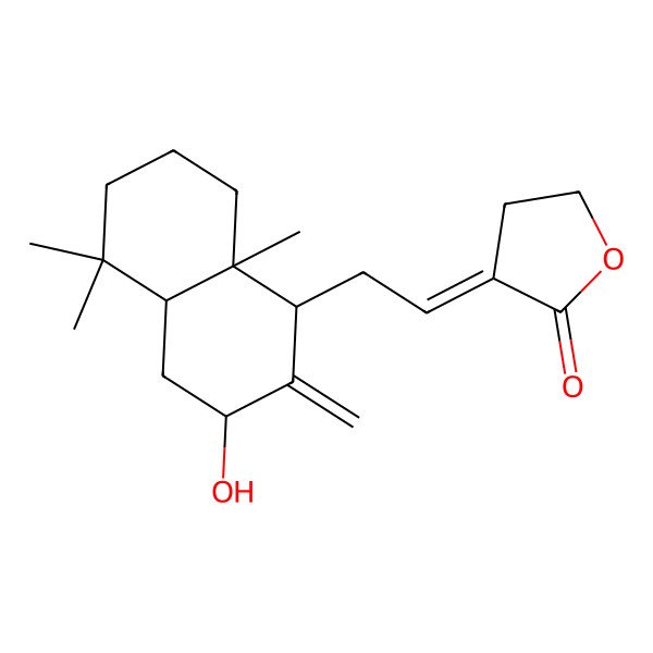 2D Structure of 3-[2-(3-hydroxy-5,5,8a-trimethyl-2-methylidene-3,4,4a,6,7,8-hexahydro-1H-naphthalen-1-yl)ethylidene]oxolan-2-one