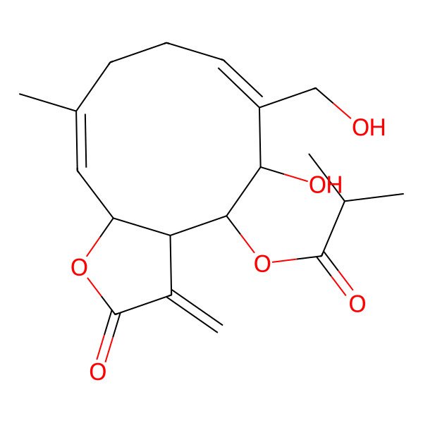 2D Structure of [(3aS,4S,5R,6E,10E,11aR)-5-hydroxy-6-(hydroxymethyl)-10-methyl-3-methylidene-2-oxo-3a,4,5,8,9,11a-hexahydrocyclodeca[b]furan-4-yl] 2-methylpropanoate